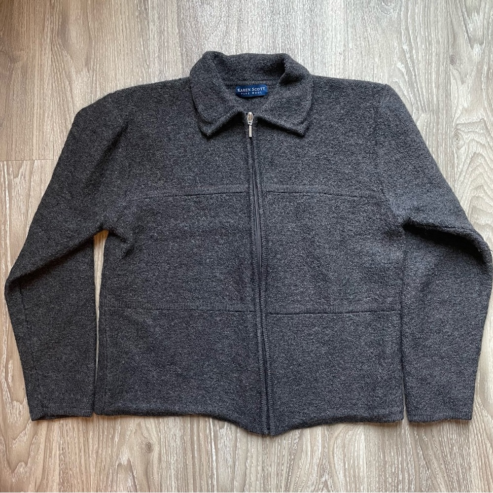 Karen Scott retro 100% wool zip up sweater/ jacket in charcoal size medium